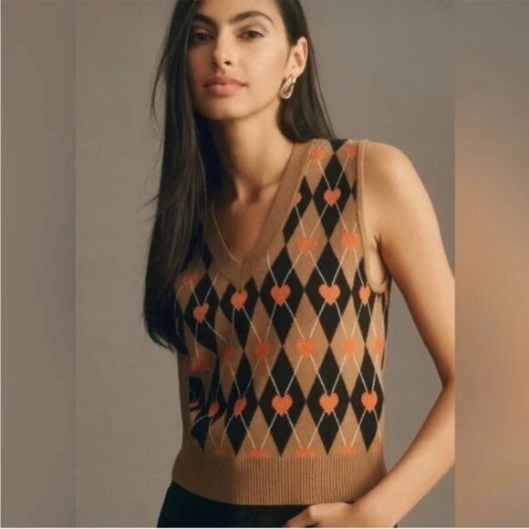 Anthropologie Maeve Sweater Vest Vera Argyle Hearts Size Medium Twee Academia - Picture 2 of 8
